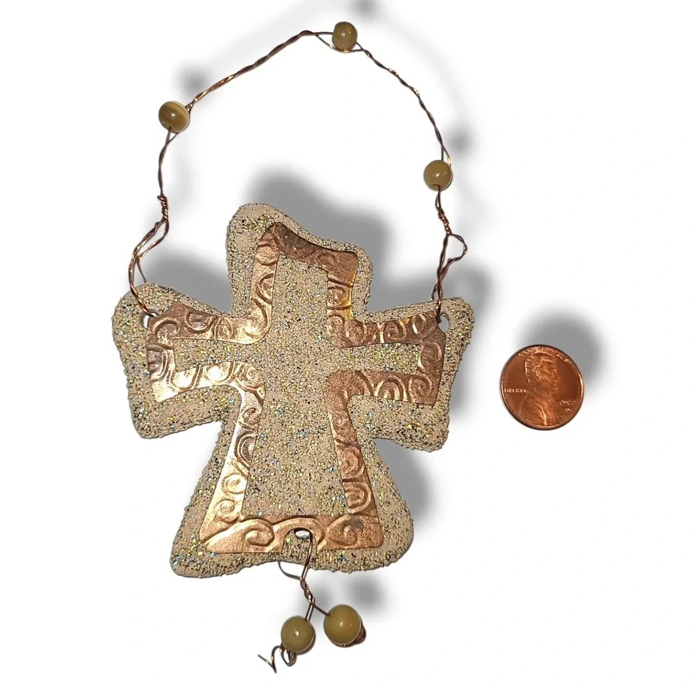 Handmade Ceramic Cross Ornament Signed‎ Carol Jones 2003 Glitter Copper